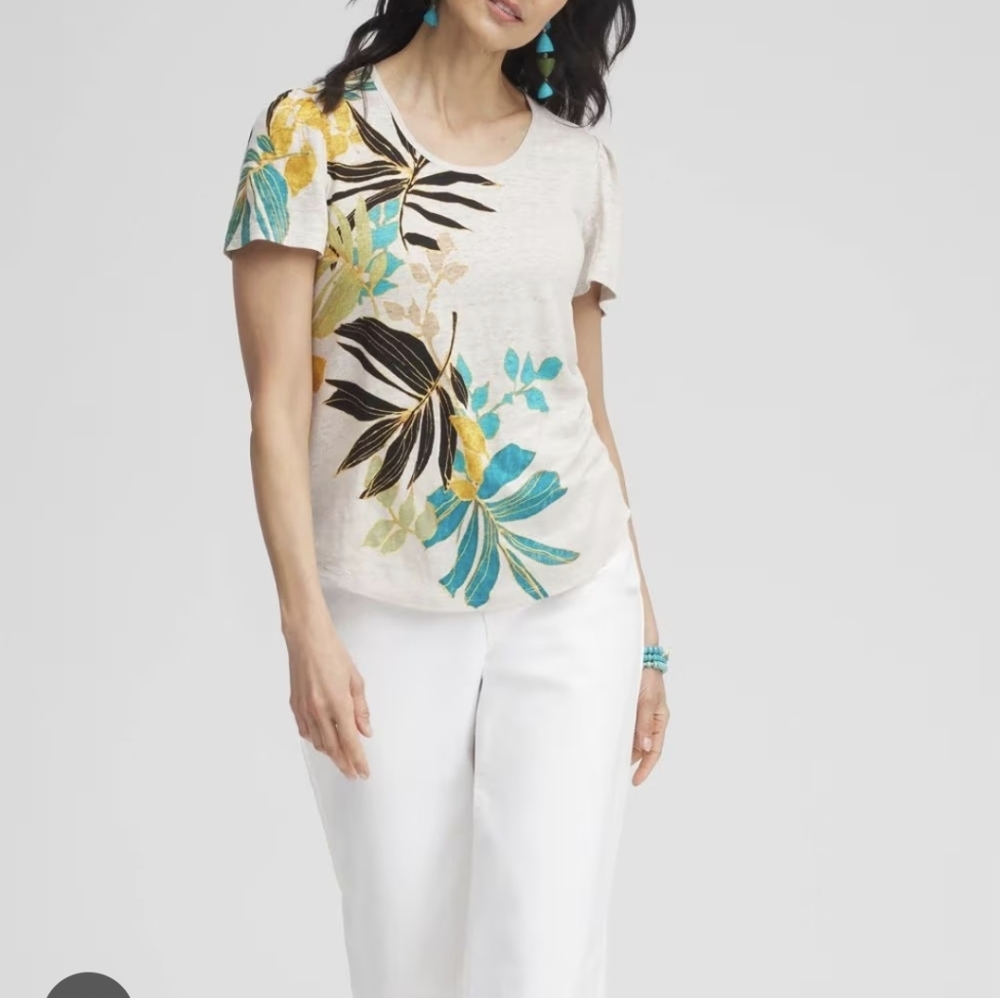 Chico's Beige Floral Short Sleeve Top